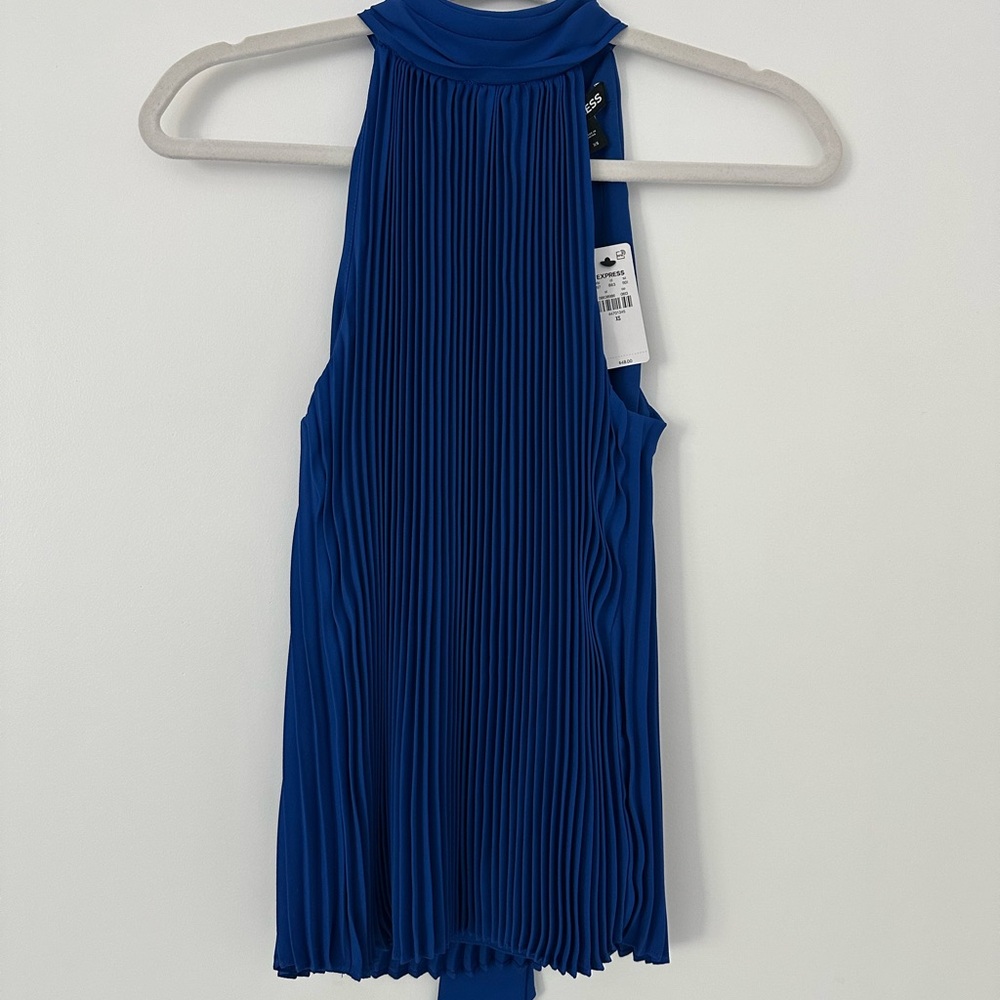 NWT. Express. Royal Blue Pleated Sleeveless Halter Top with scarf tie. Size XS.